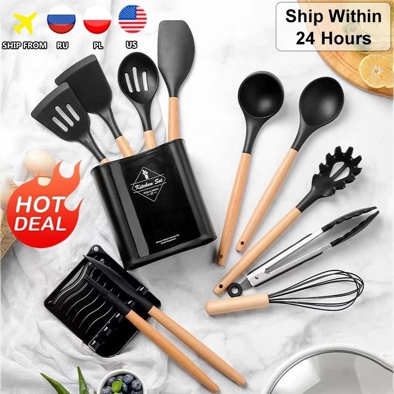 13PCS Silicone Kitchen Tools Cooking Sets Soup Spoon Spatula Non-Stick Shovel With Wooden Handle Special Heat-Resistant Design