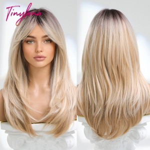 FR/PL/UK/BE Warehouse Long Straight Wavy White Blonde Golden Highlight Synthetic Hair Wigs for Women Cosplay Ombre Natural Wig