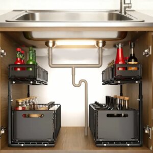 Dviejų aukštų stalčių lentyna po kriaukle